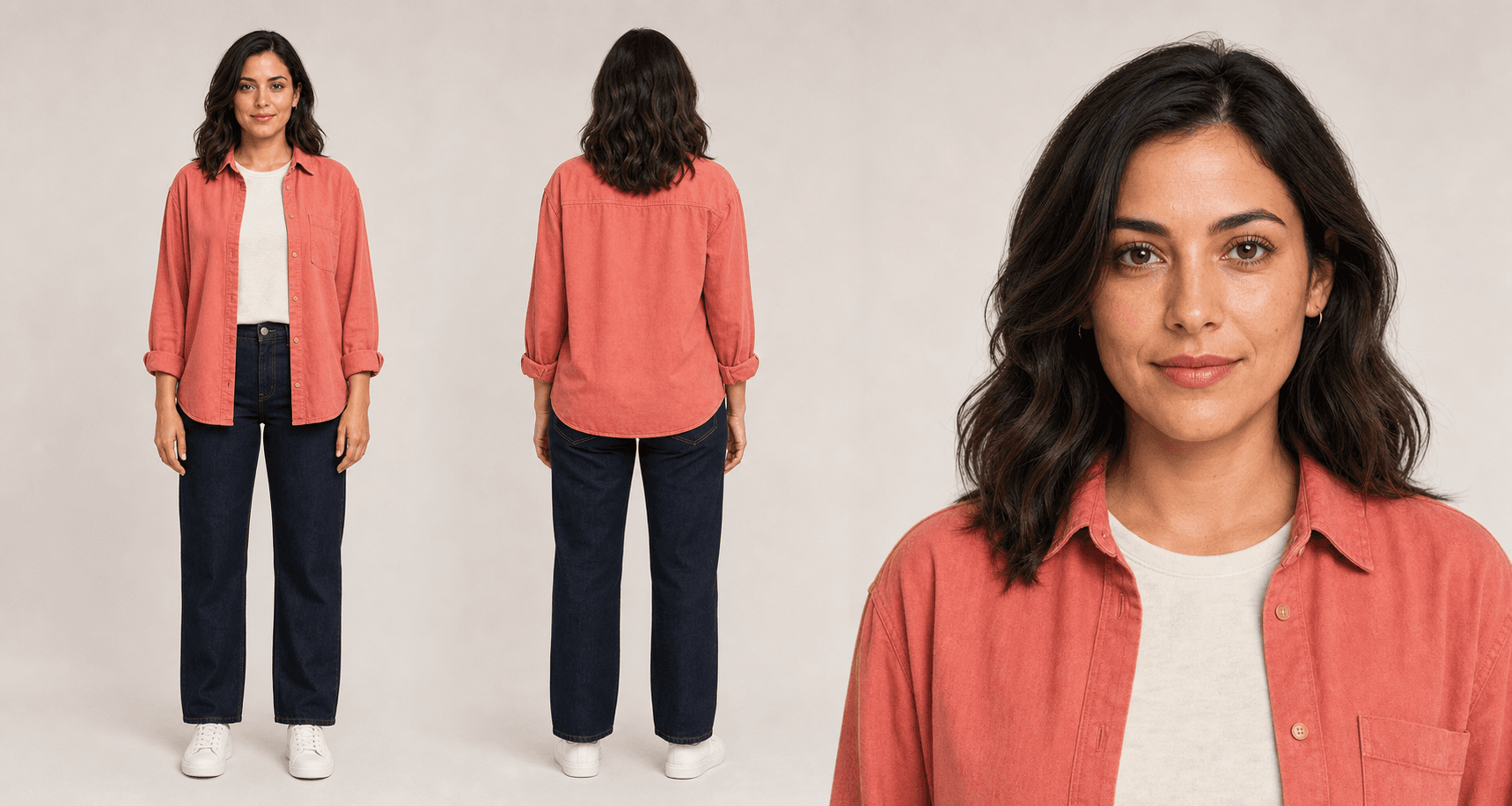 Ficha de personaje UGC con vista frontal, trasera y primer plano
